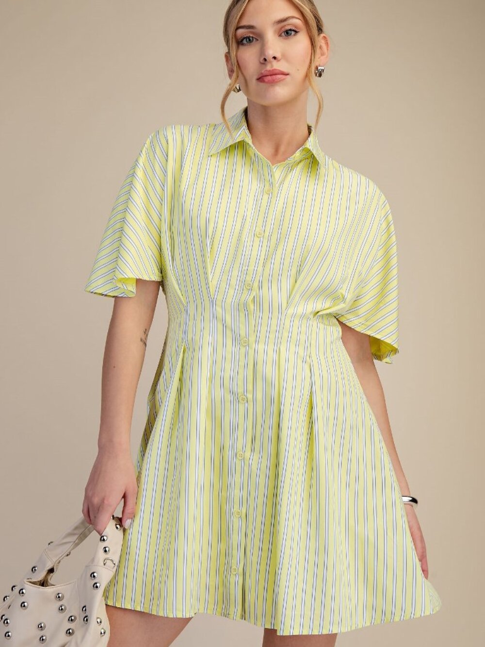 Glam Striped Pleated Waist Dress - Yellow